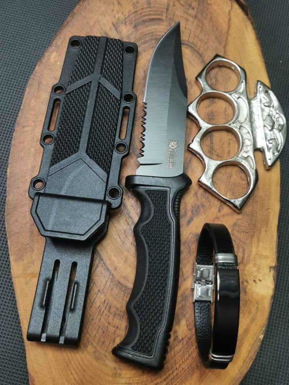 İsme Özel 23 cm Sert Kılıflı Avcı Bıçağı,Body Musta PUNCH ve Pusula Bileklik