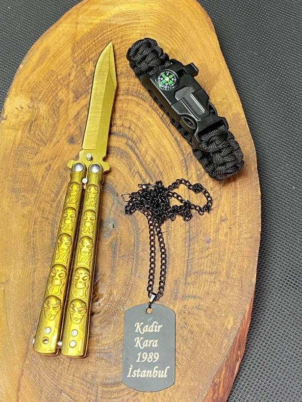 21 cm Gold Kelebek Paracord Bileklik ve Asker Künye Seti