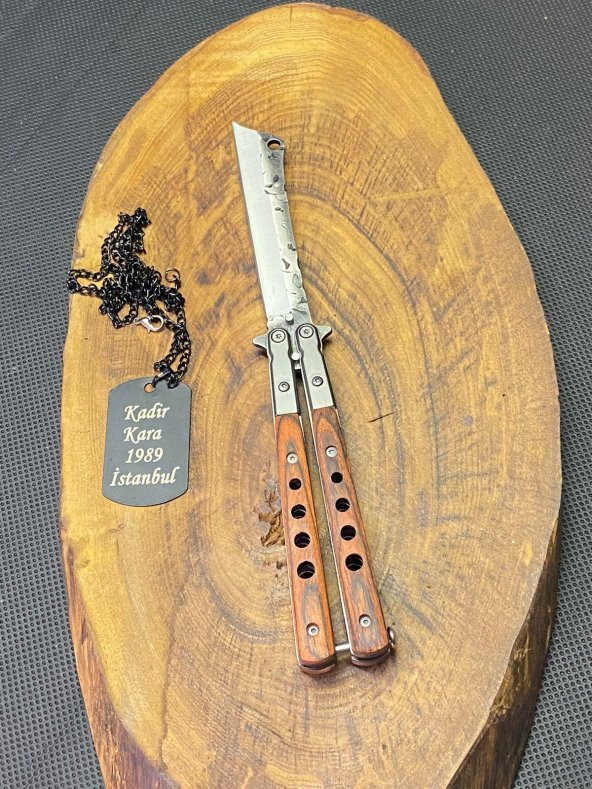 21 cm Damascus Ustura Kelebek + Asker Künye Seti