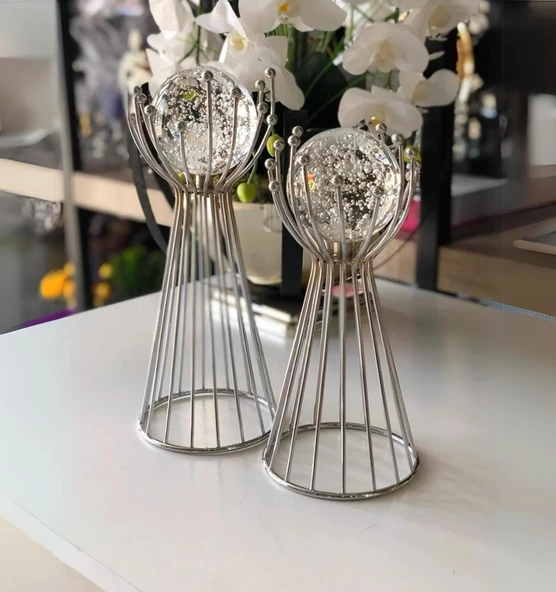 Premium 2'li Metal Ayaklı Cam Küre Ev Aksesuar ve Dekorasyon Seti Metal Ayaklı Küre - Renk : Gümüş - 2