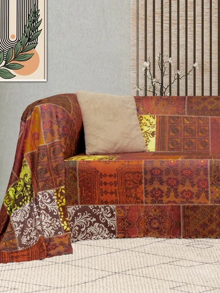 SoftMicro Etnik Desenli Boho 130x180 cm Koltuk Örtüsü Şalı, Kanepe Örtüsü, Tv Battaniyesi Kiremit Rengi - 2