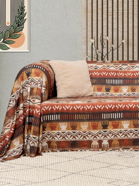 SoftMicro Etnik Desenli Boho 180x220 cm Koltuk Örtüsü Şalı, Kanepe Örtüsü, Tv Battaniyesi Toprak - 3