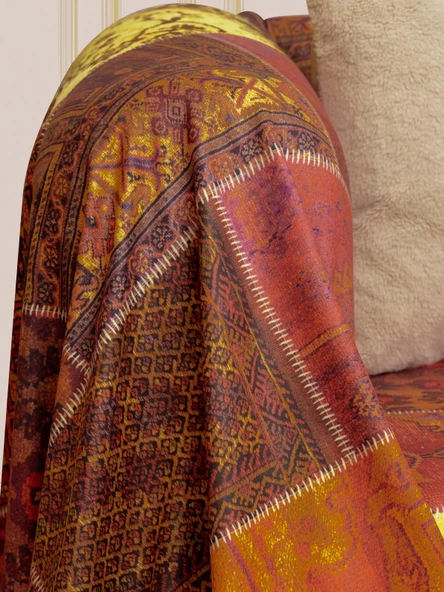 SoftMicro Etnik Desenli Boho 180x300 cm  Koltuk Örtüsü Şalı, Kanepe Örtüsü, Tv Battaniyesi Kiremit Rengi - Resim 4