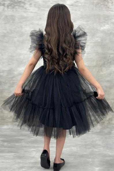 Kız Çocuk Gömlek Yaka Göğsü Ve Kolları Tül Detaylı Wednesday Siyah Elbise - Resim 5