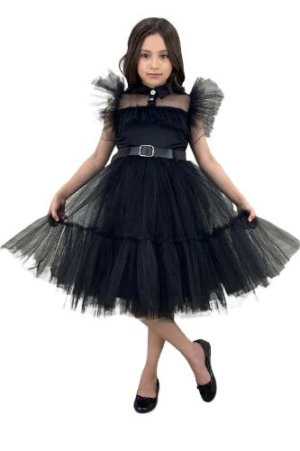 Kız Çocuk Gömlek Yaka Göğsü Ve Kolları Tül Detaylı Wednesday Siyah Elbise ürün görseli