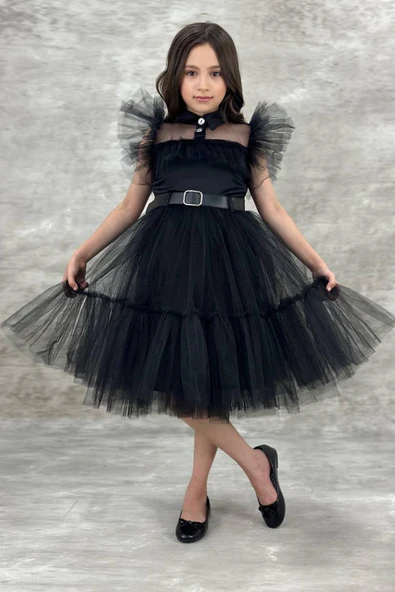 Kız Çocuk Gömlek Yaka Göğsü Ve Kolları Tül Detaylı Wednesday Siyah Elbise - Resim 4