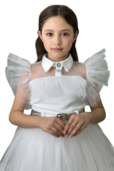 Kız Çocuk Gömlek Yaka Göğsü Ve Kolları Tül Detaylı Wednesday Beyaz Elbise - 3