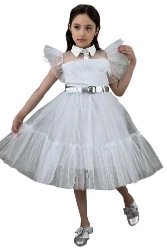 Kız Çocuk Gömlek Yaka Göğsü Ve Kolları Tül Detaylı Wednesday Beyaz Elbise