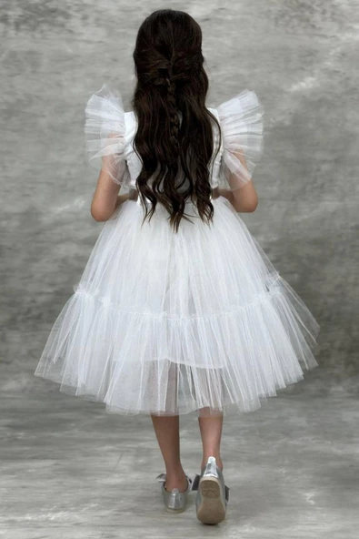 Kız Çocuk Gömlek Yaka Göğsü Ve Kolları Tül Detaylı Wednesday Beyaz Elbise - 6