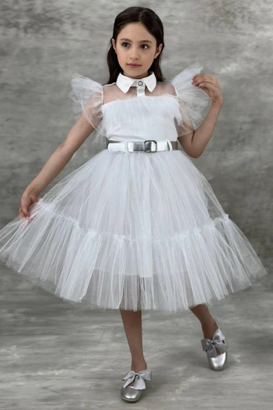 Kız Çocuk Gömlek Yaka Göğsü Ve Kolları Tül Detaylı Wednesday Beyaz Elbise - 4