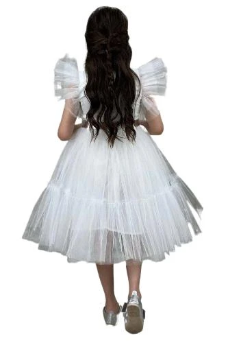 Kız Çocuk Gömlek Yaka Göğsü Ve Kolları Tül Detaylı Wednesday Beyaz Elbise - 2