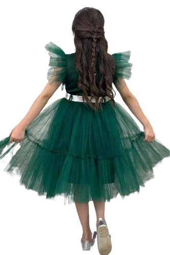 Kız Çocuk Gömlek Yaka Göğsü Ve Kolları Tül Detaylı Wednesday Yeşil Elbise - 2