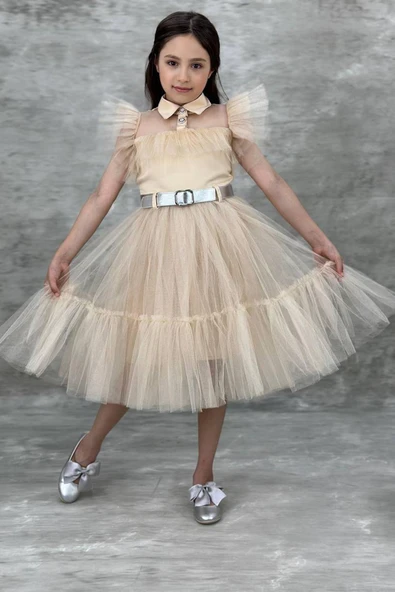 Kız Çocuk Gömlek Yaka Göğsü Ve Kolları Tül Detaylı Wednesday Somon Elbise - Resim 4