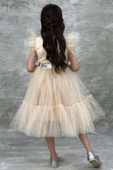 Kız Çocuk Gömlek Yaka Göğsü Ve Kolları Tül Detaylı Wednesday Somon Elbise - Resim 5