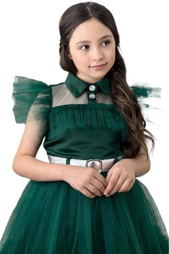 Kız Çocuk Gömlek Yaka Göğsü Ve Kolları Tül Detaylı Wednesday Yeşil Elbise - 3
