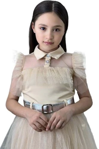 Kız Çocuk Gömlek Yaka Göğsü Ve Kolları Tül Detaylı Wednesday Somon Elbise - Resim 3