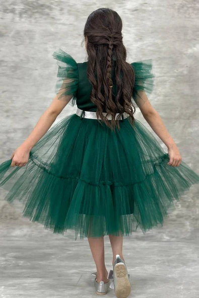 Kız Çocuk Gömlek Yaka Göğsü Ve Kolları Tül Detaylı Wednesday Yeşil Elbise - 5