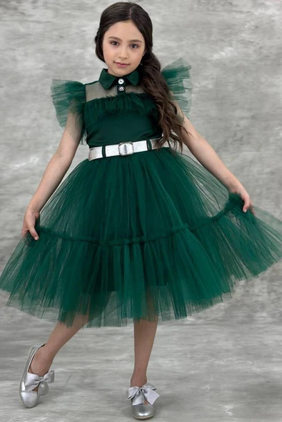 Kız Çocuk Gömlek Yaka Göğsü Ve Kolları Tül Detaylı Wednesday Yeşil Elbise - 4