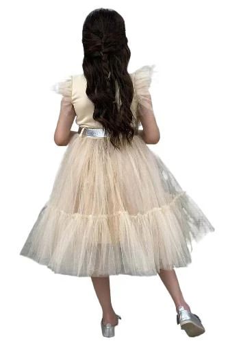 Kız Çocuk Gömlek Yaka Göğsü Ve Kolları Tül Detaylı Wednesday Somon Elbise - Resim 2