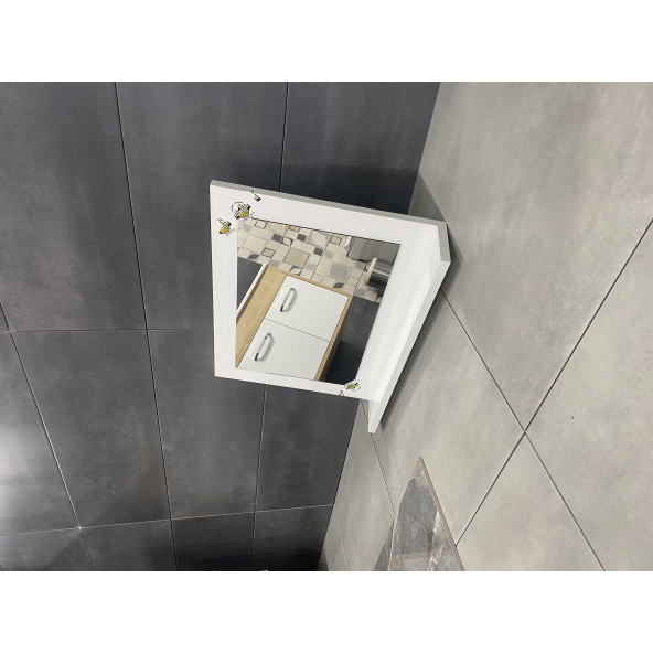 Mira Ahşap Beyaz Raflı Banyo Aynası - Banyo Dolabı - Ofis Bahçe WC Lavabo Aynası (45x60 cm) YAN