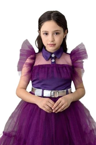Kız Çocuk Gömlek Yaka Göğsü Ve Kolları Tül Detaylı Wednesday Mor Elbise - 2