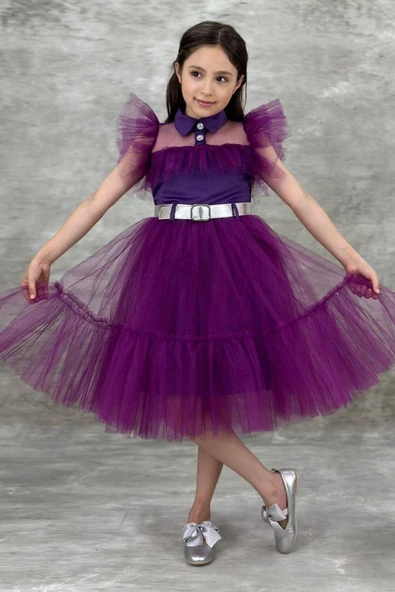 Kız Çocuk Gömlek Yaka Göğsü Ve Kolları Tül Detaylı Wednesday Mor Elbise - 3