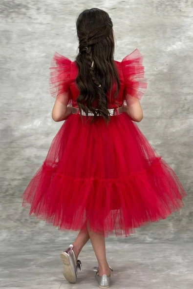 Kız Çocuk Gömlek Yaka Göğsü Ve Kolları Tül Detaylı Wednesday Kırmızı Elbise - 5