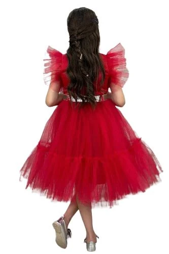 Kız Çocuk Gömlek Yaka Göğsü Ve Kolları Tül Detaylı Wednesday Kırmızı Elbise - 2