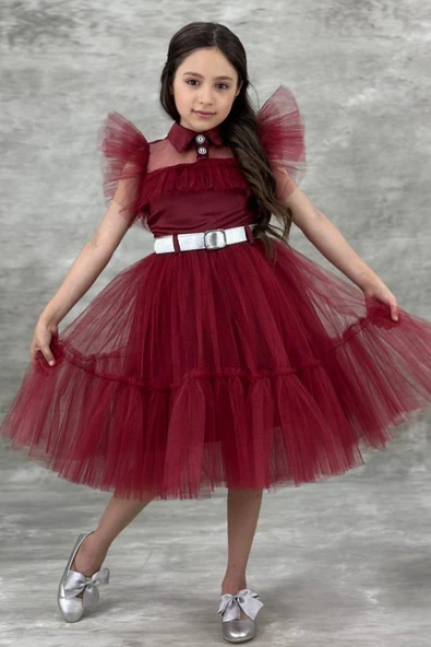 Kız Çocuk Gömlek Yaka Göğsü Ve Kolları Tül Detaylı Wednesday Bordo Elbise - Resim 4