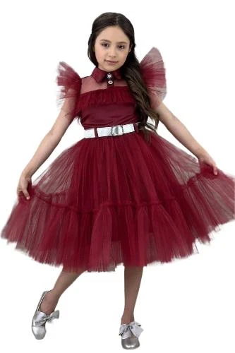 Kız Çocuk Gömlek Yaka Göğsü Ve Kolları Tül Detaylı Wednesday Bordo Elbise ürün görseli