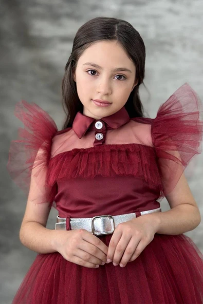 Kız Çocuk Gömlek Yaka Göğsü Ve Kolları Tül Detaylı Wednesday Bordo Elbise - Resim 6