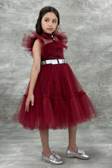 Kız Çocuk Gömlek Yaka Göğsü Ve Kolları Tül Detaylı Wednesday Bordo Elbise - Resim 5