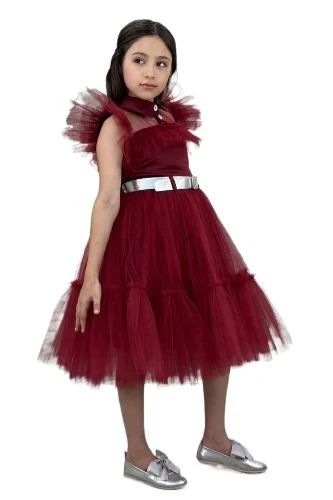 Kız Çocuk Gömlek Yaka Göğsü Ve Kolları Tül Detaylı Wednesday Bordo Elbise - Resim 2