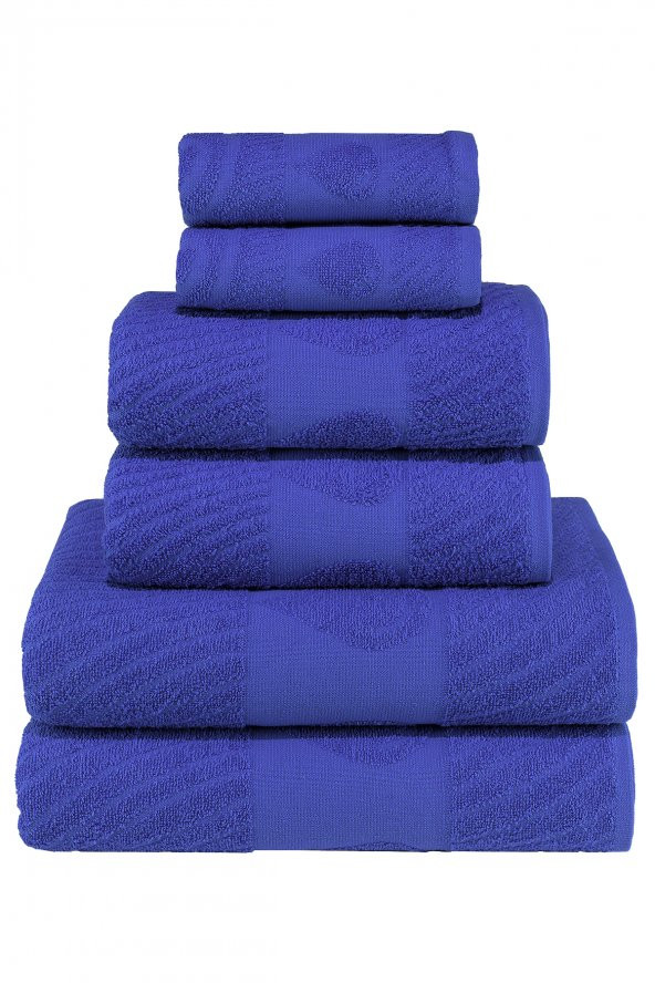 Sudamlası Desenli 100 Pamuk Banyo Havlu Seti 6 Adet, 2 Banyo Havlusu, 2 El Havlusu, ve 2 Yüz Havlusu, -Comfort- Mavi, - 2