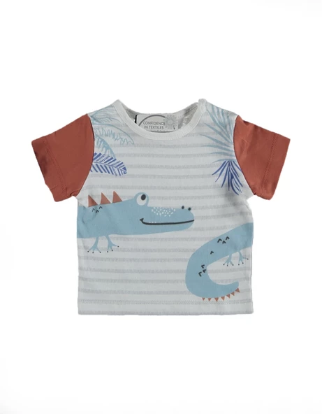 Erkek Bebek Pamuklu Timsah Desenli Yazlık T-shirt ve Şort Takımı - 2