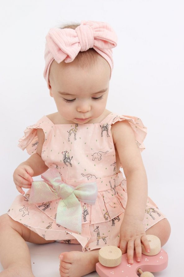 Kız Bebek Pudra Pembe Renk Özel Gün Fiyonklu Çıtçıtlı Tulum - 3
