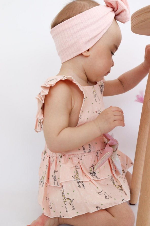 Kız Bebek Pudra Pembe Renk Özel Gün Fiyonklu Çıtçıtlı Tulum - 5