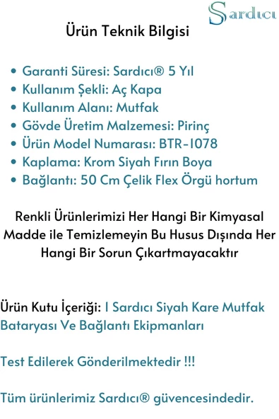 Sardıcı Nacht Serisi Kare Mutfak Bataryası Mat Siyah Musluk - 6