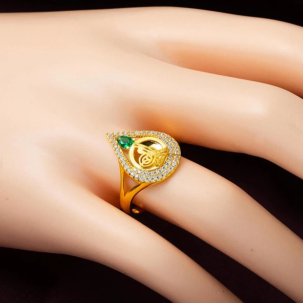 14 Ayar Yeşil Taşlı Damla Tuğra Altın Yüzük - Resim 2