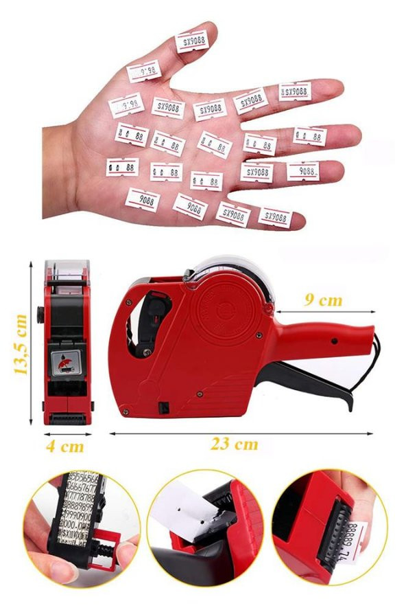 Etiket Makinesi Kırmızı 1 Adet Fiyat Etiket Makinası 8 Haneli Yedek Kartuşlu Mağaza Dükkan Market İçin İdeal - 2