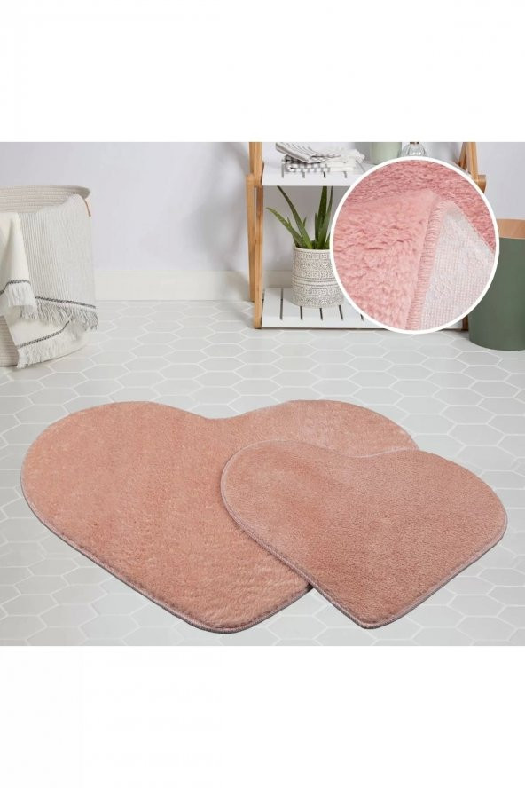 Orkide Home Modern Dekoratif Halı Jel Kaymaz Taban Peluş Puffy Kalp Model Pembe Paspas Takımı 70x100