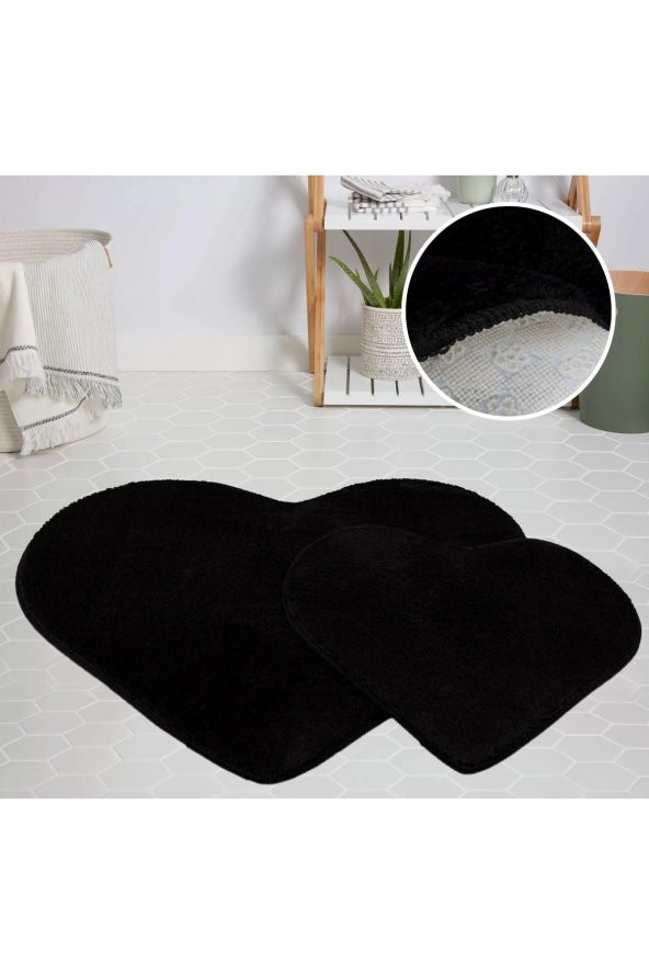 Orkide Home Modern Dekoratif Halı Jel Kaymaz Taban Peluş Puffy Kalp Model Siyah Paspas Takımı 70x100 - 1