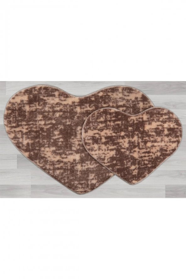 Orkide Home Modern Dekoratif Halı Jel Kaymaz Taban Peluş Puffy Kalp Model Kahverengi  Paspas Takımı - 2