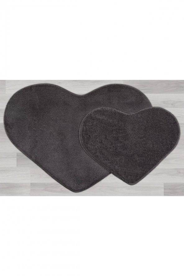 Orkide Home Modern Dekoratif Halı Jel Kaymaz Taban Peluş Puffy Kalp Model Antrasit  Paspas Takımı 70 - 2