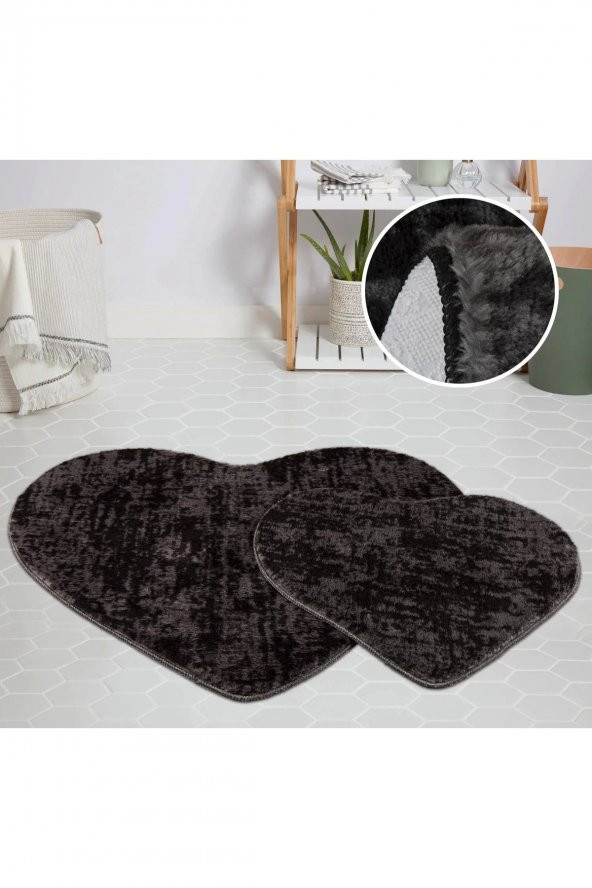 Orkide Home Modern Dekoratif Halı Jel Kaymaz Taban Peluş Puffy Kalp Model Gri Siyah  Paspas Takımı 7