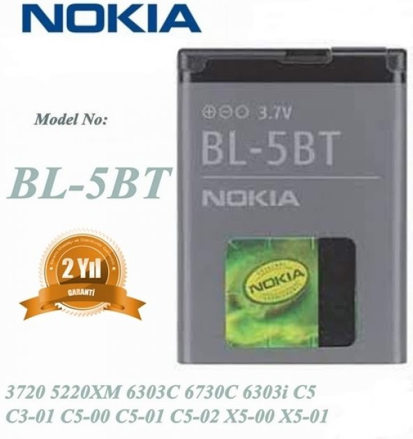 Day Nokia 6303i BL-5BT Pil  (BL 5BT 870 mAh Batarya Pil Orijinal Uzun Ömürlü Yüksek Kapasite)