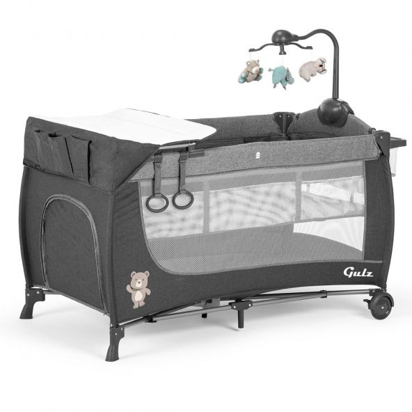 Gulz Elite Dönenceli Sallanır Oyun Parkı Bebek Beşik 70x120 Cm + Viscotech Yatak Dark Gray - 2