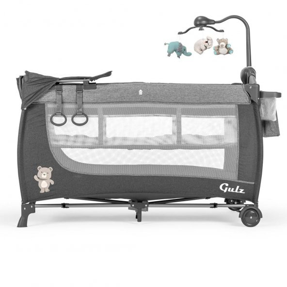 Gulz Elite Dönenceli Sallanır Oyun Parkı Bebek Beşik 70x120 Cm + Viscotech Yatak Dark Gray - 3