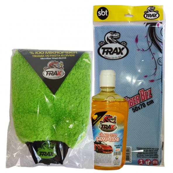 TRAX Araba Mikrofiber Yıkama Eldiven +Cilalı Şampuan 500 Ml+TRAX 50X70 Microfiber Süper Bez