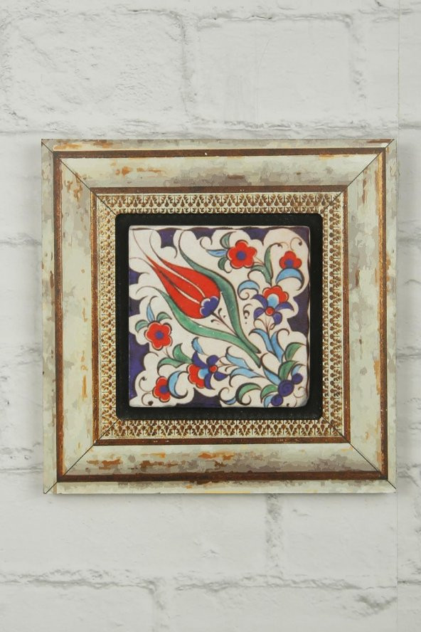 Çini Baskılı Doğal Taş Tablo Ahşap Eskitme Çerçeveli Duvar Dekoru